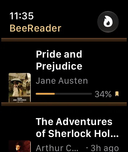 BeeReader’s library on Apple Watch, with reading progress for each book